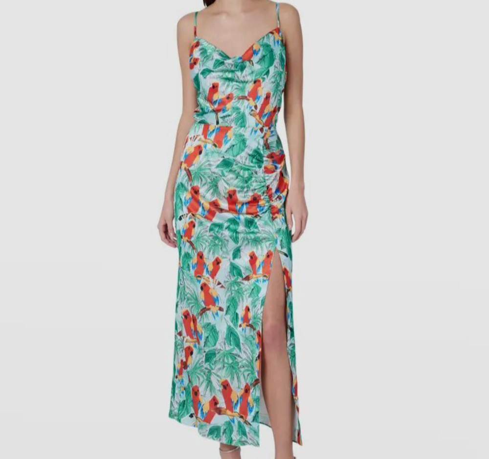 $395 MILLY Women's Green Parrot Print Cowl Neck Midi Dress Size 0 NEW